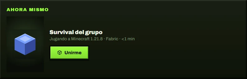 Perfil de Pepe, «Ahora mismo»: jugando a «Survival del grupo», Minecraft 1.21.8 con Fabric, y el botón Unirme.