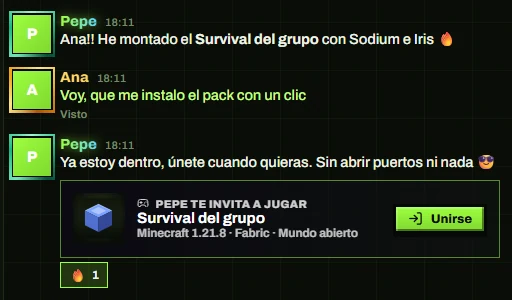 Chat: Pepe escribe «Ya estoy dentro, únete cuando quieras. Sin abrir puertos ni nada» y manda la invitación a «Survival del grupo» con el botón Unirse.