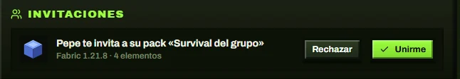 Invitación en PoxiLauncher: «Pepe te invita a su pack Survival del grupo», Fabric 1.21.8, con los botones Rechazar y Unirme.